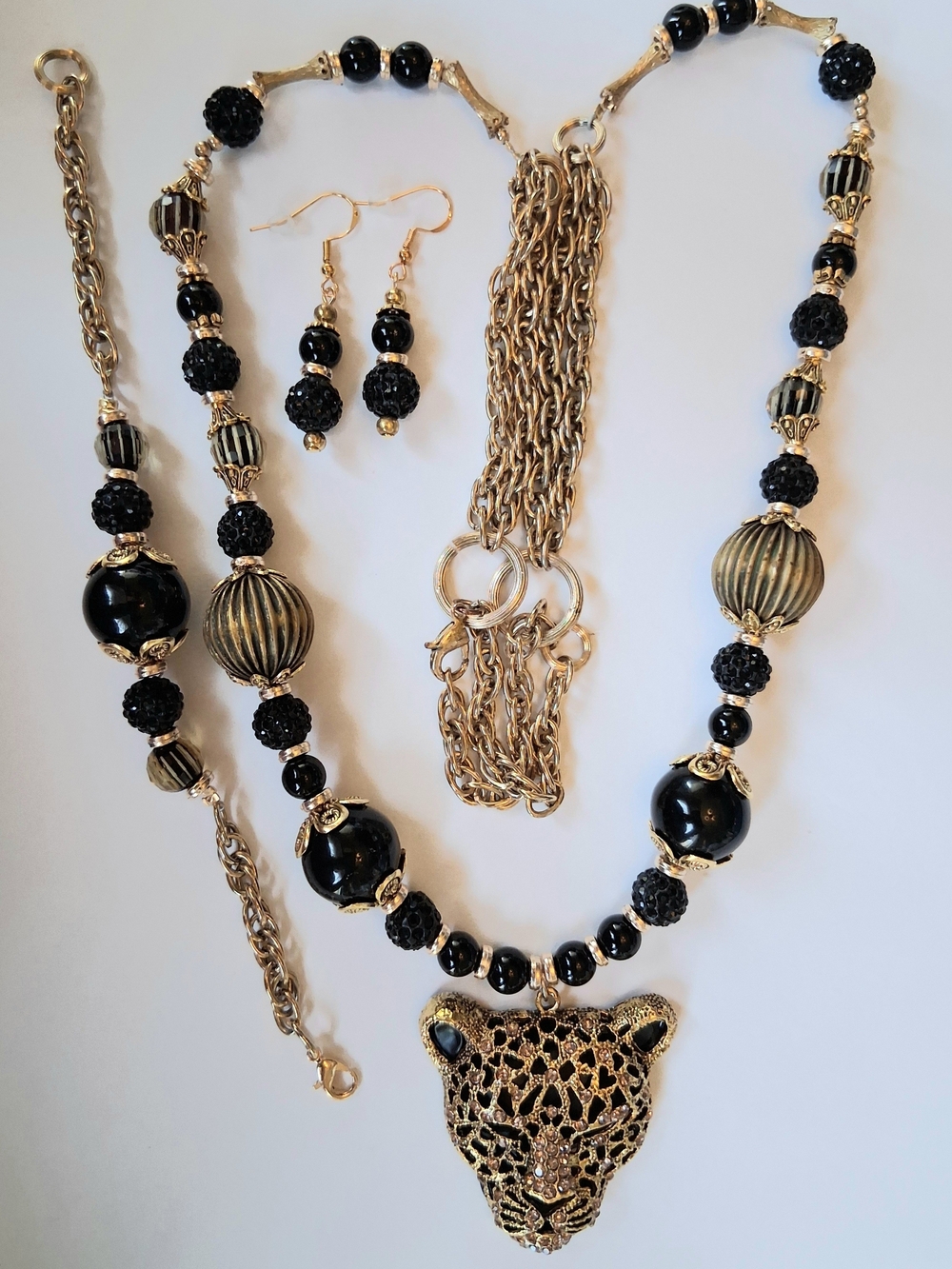 African Inspired Gold-Tone Leopard Necklace, Bracelet & Earring Set
